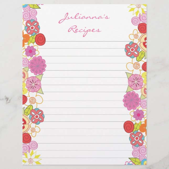 Bright Blossoms Recipe Binder Insert Letter Pages (Front)