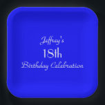 Bright Blue, 18th Birthday Party Minimalist Square Paper Plate<br><div class="desc">A solid bright blue background decorates this unique and fun simple minimalist party paper plate. Although default says "18th Birthday", you can easily change the text for name, # of years, and event. Choose square or round. Matching tablecloth and paper napkins available on zazzle at SocolikCardShop. All Rights Reserved ©...</div>