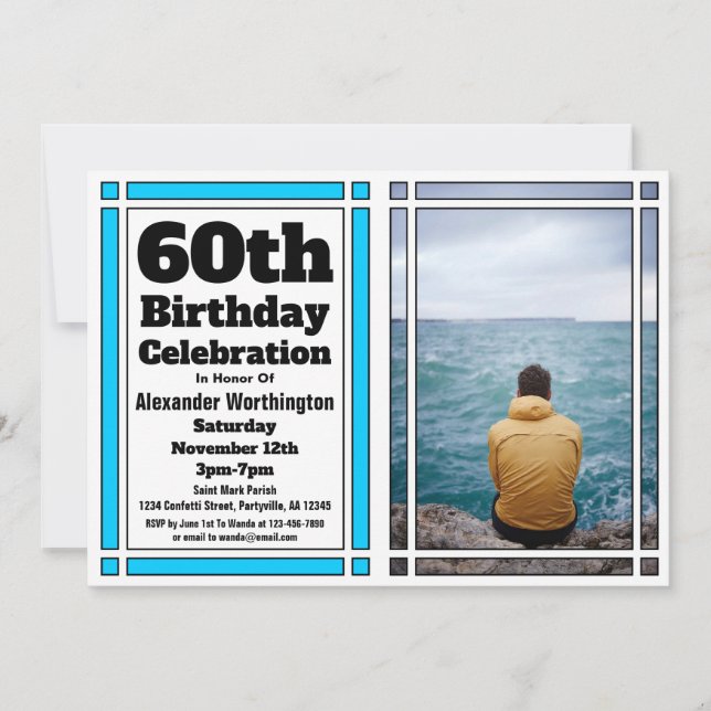 Bright Blue 60th Photo Birthday Invitation (Front)