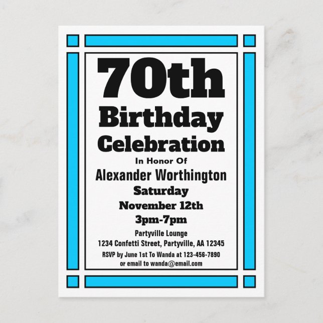 Bright Blue 70th Birthday Invitation Postcard (Front)