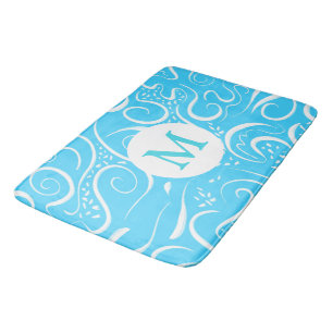 Bright Blue Abstract Swirls Pattern Monogram Bath Mat
