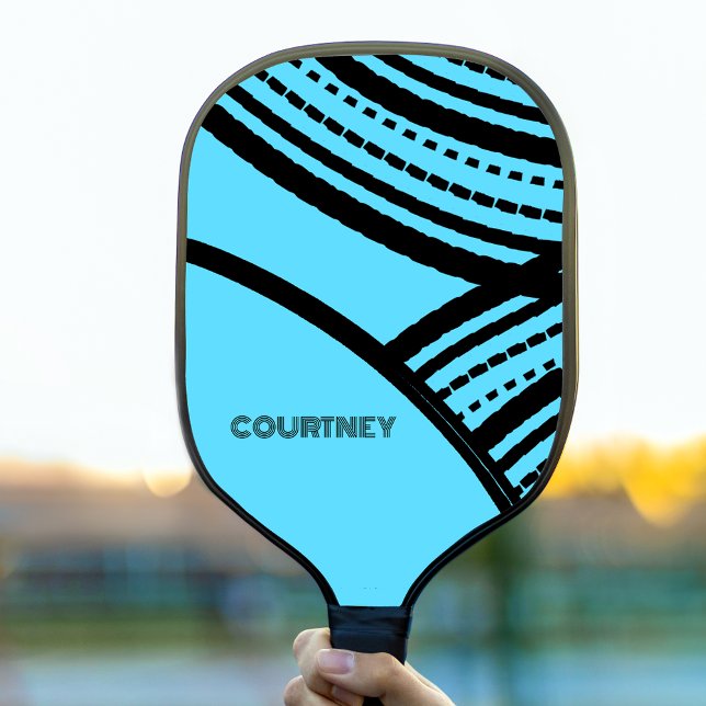 Bright Blue and Black Abstract Print with Name Pickleball Paddle (Creator Uploaded)