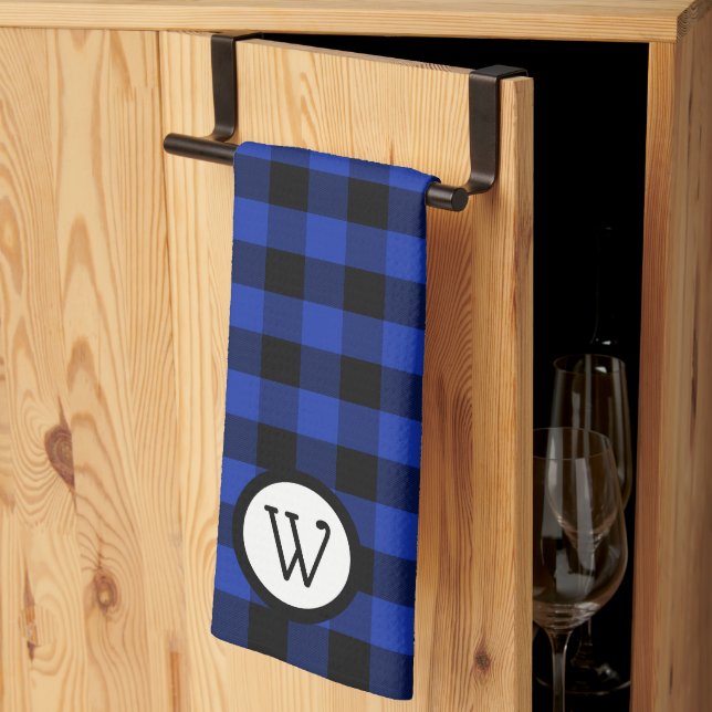 Bright Blue and Black  Buffalo Plaid with Monogram Tea Towel (Thirds Fold)
