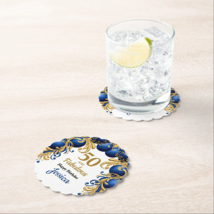 Bright Blue and Flat Gold Birthday Party Paper Coaster