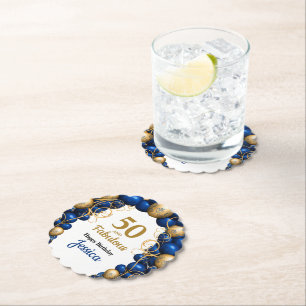 Bright Blue and Flat Gold Birthday Party Paper Coaster