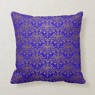 Bright Blue and Gold Fancy Damask Pattern Cushion