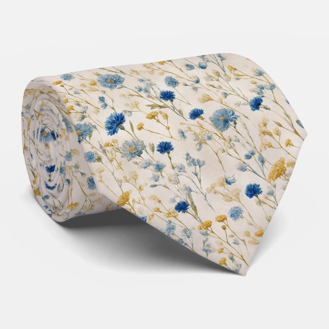 Bright Blue and Golden Wildflower Wedding Tie (Rolled)