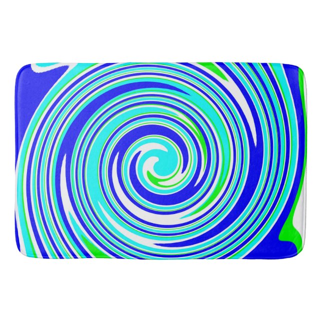 Bright blue and green swirl pattern bath mat (Front)