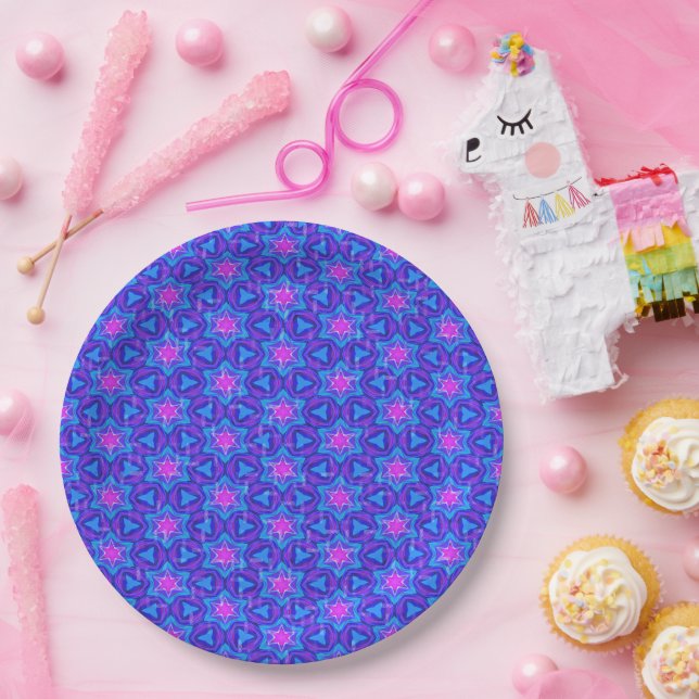 Bright blue and hot pink colourful pattern paper plate (Party)