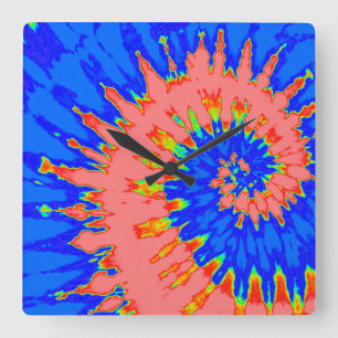 Bright Blue and Peach Spiral Tie Dye Clock