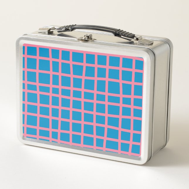Bright Blue and Pink Abstract Grid Lines Pattern Metal Lunch Box (Front)