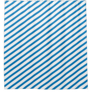 Bright Blue and White Diagonal Stripes Modern Shower Curtain