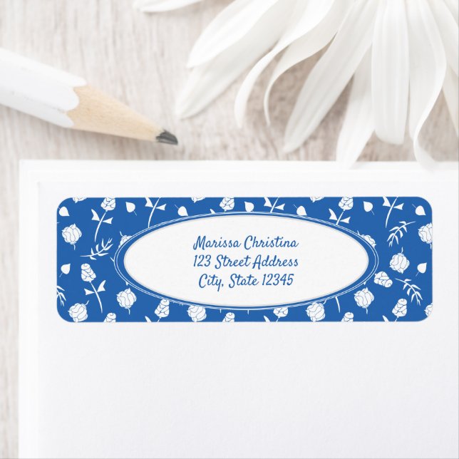 Bright Blue and White Floral Pattern Label (Insitu)