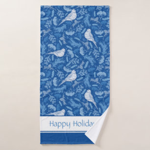 Bright Blue and Winter White Birds Floral Pattern Bath Towel Set