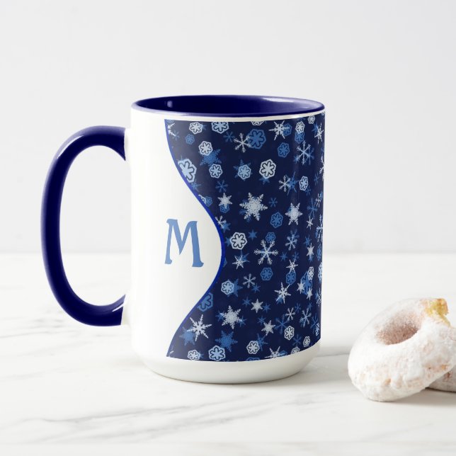 Bright Blue and Winter White Snowflake Pattern Mug (With Donut)