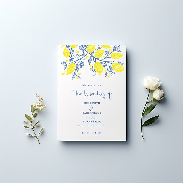 Bright blue and yellow lemon vines pretty wedding invitation (Lemon branch illustration, vibrant yellow lemons and delicate blue leaves wedding invitation.)