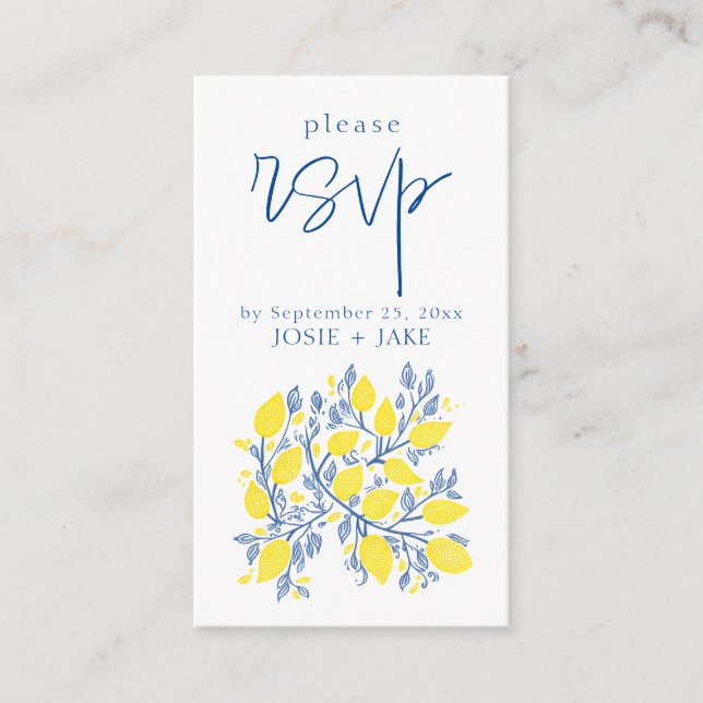 Bright blue and yellow lemon vines rsvp enclosure card (Front)