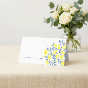 Bright blue and yellow table name place card