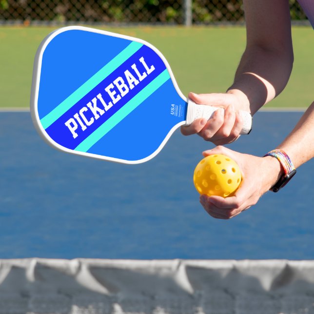 Bright Blue Aqua Diagonal Racing Stripes Bold Text Pickleball Paddle (Insitu)