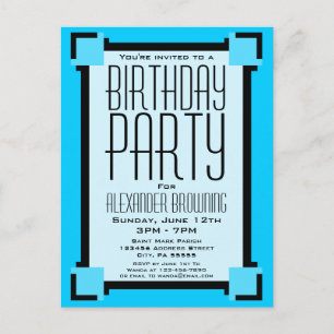 Bright Blue Art Deco Birthday Invite Postcard