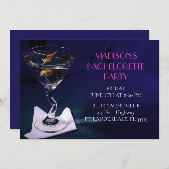 Bright Blue Bachelorette Martini  Bridal Party Invitation (Front/Back)