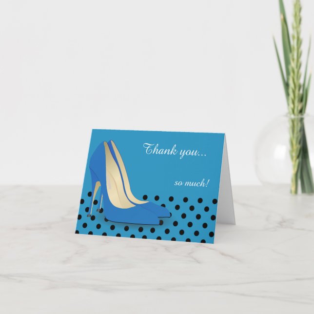 Bright Blue, Black Polka Dots and Red Pumps Thank You Card (Front)