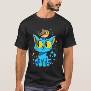 Bright Blue Cat And Cute Owl Friendship Charm T-Shirt