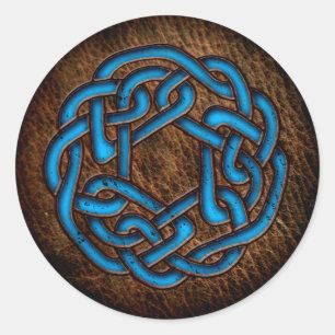 Bright blue celtic ornament on leather classic round sticker