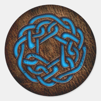 Bright blue celtic ornament on leather classic round sticker