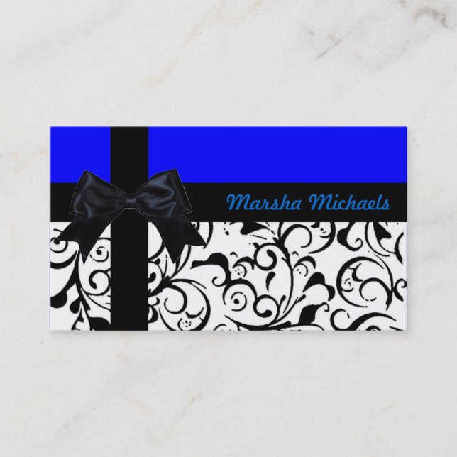Bright blue damask ribbon custom business cards (Front)