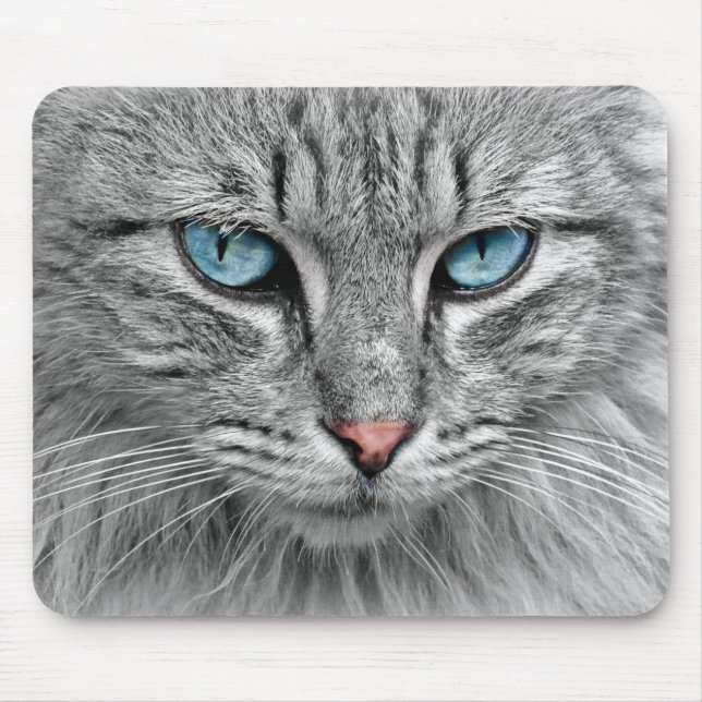 Bright Blue Eyes | Monochrome | Cat Portrait Mouse Pad (Front)