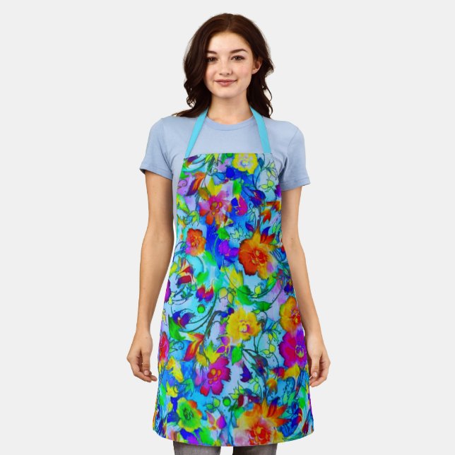 Bright blue floral apron (Worn)