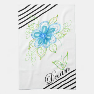 Bright Blue Floral Design Tea Towel