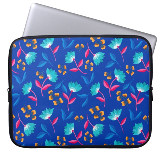 Bright Blue Floral painted Laptop Sleeve (Front)