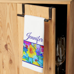 Bright blue floral personalised kitchen towel