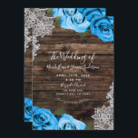 Bright Blue Floral Roses Rustic Wood Lace Wedding Invitation<br><div class="desc">Customise any way you want.</div>