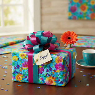 Bright blue floral wrapping paper