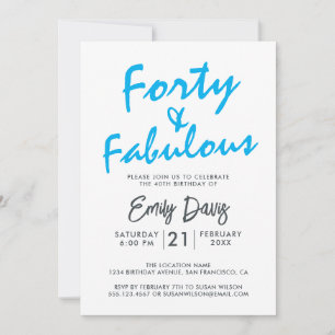 Bright Blue Forty Fabulous 40th Birthday Party Invitation