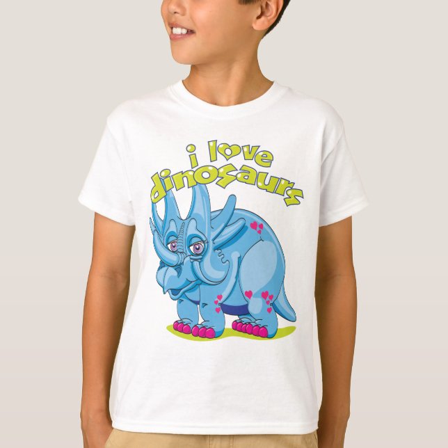 Bright blue friendly Triceratops with pink hearts T-Shirt (Front)