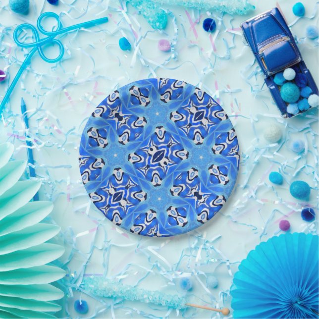 Bright blue geometric stars white  paper plate (Party)
