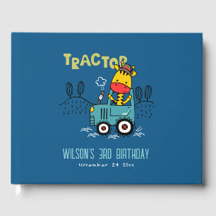 Bright Blue Giraffe In Farm Tractor Boys Birthday Guest Book