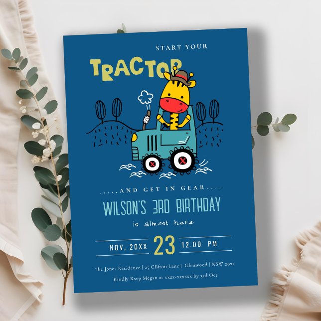 Bright Blue Giraffe In Farm Tractor Boys Birthday Invitation (Creator Uploaded)