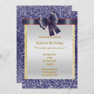 BRIGHT BLUE  GLITTER RED BLUE BOW INVITATION