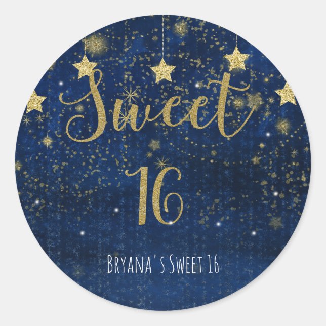 Bright Blue & Gold Stars Sweet 16 Party Favour Classic Round Sticker (Front)