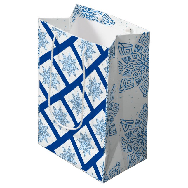 Bright Blue Graphic Winter Snowflakes  Medium Gift Bag (Front Angled)