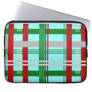 Bright blue, green and red plaid patterned laptop sleeve
