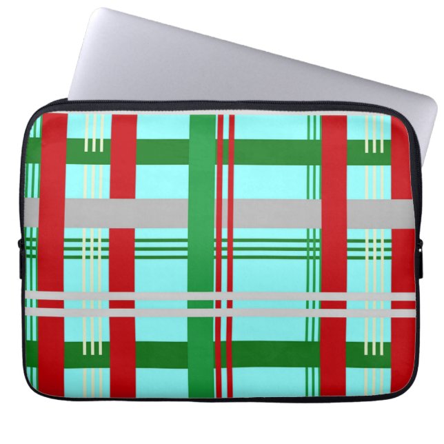 Bright blue, green and red plaid patterned laptop sleeve (Front)