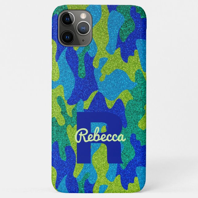 Bright Blue & Green Camouflage Glitter Camo Name Case-Mate iPhone Case (Back)