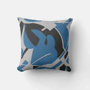Bright Blue Grey Black Bold Swirling Abstract Cushion