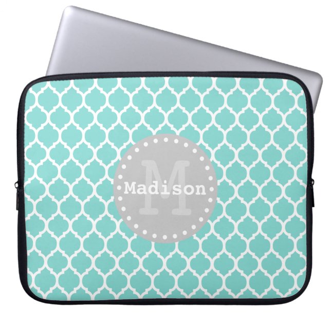 Bright Blue Grey Moroccan Lattice Monogram Laptop Sleeve (Front)